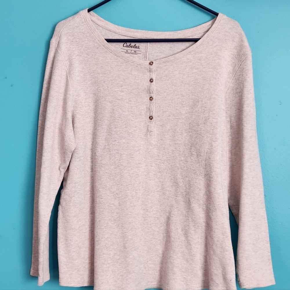 Cabela's Mens Pullover Henley long sleeve thermal shirt Light Gray Size XL